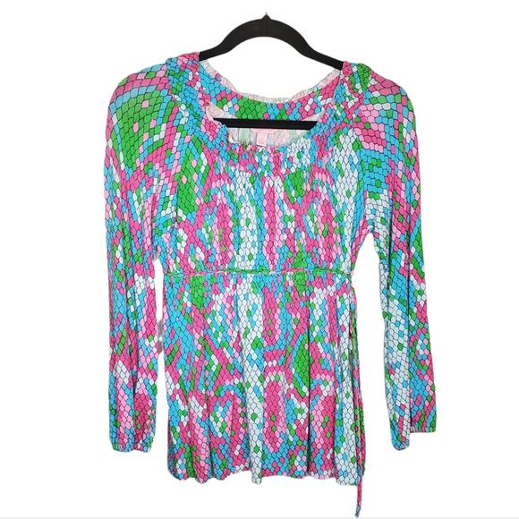 LILLY PULITZER 'SHOW ME SOME SKIN' PRINT 3/4 LENGTH SLEEVES TUNIC TOP PINK BLUE - Picture 1 of 16